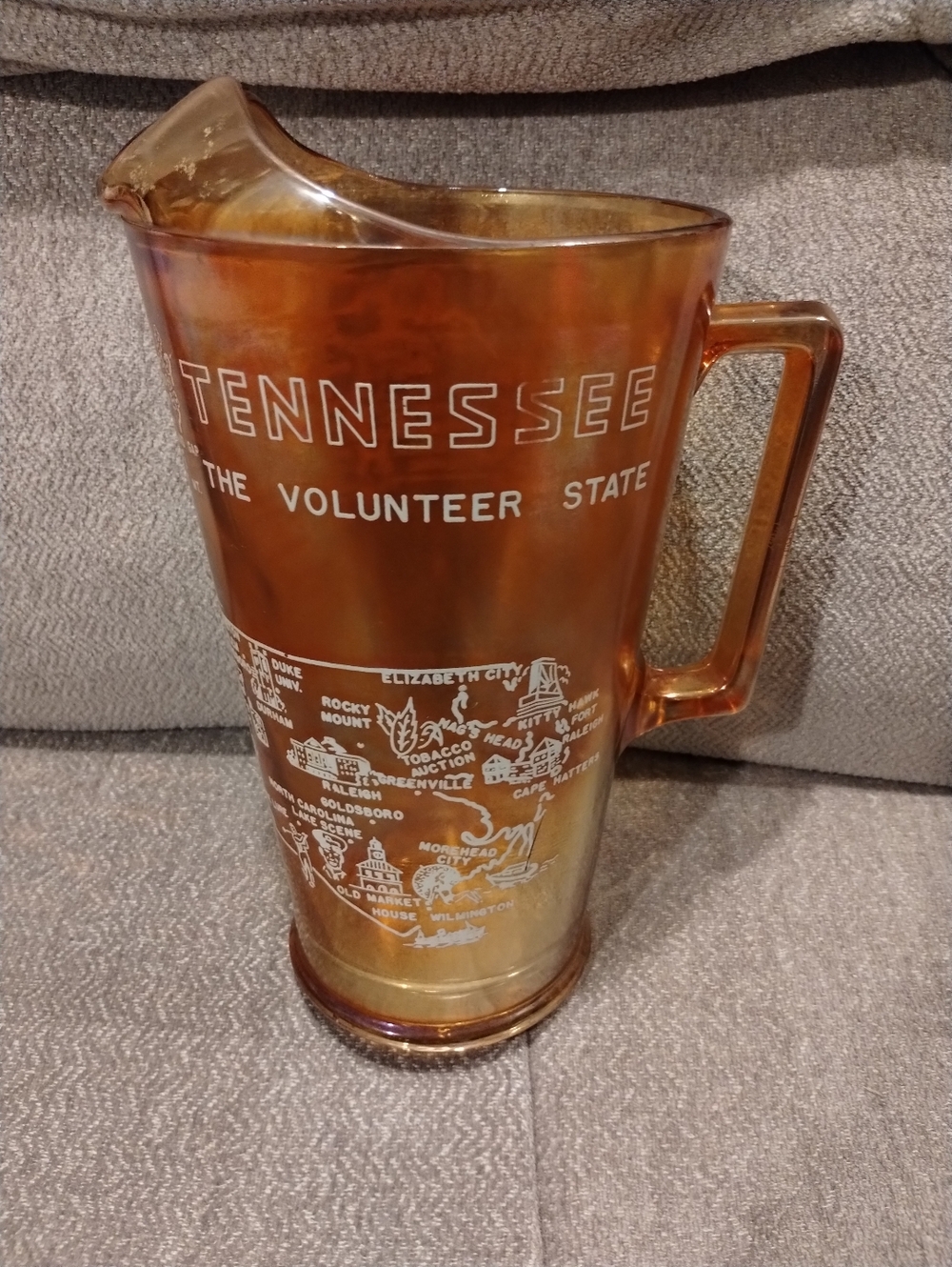 Vintage Tennessee / North Carolina Amber Glass Pitcher